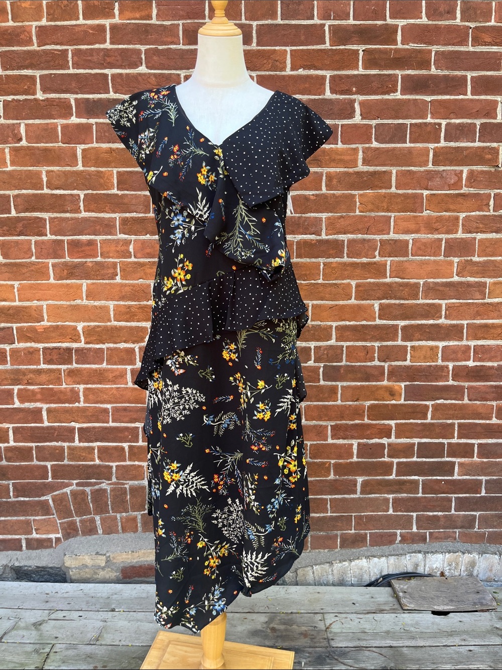 Walter Baker Black Dress with Multicolor Floral & Polka Dot Print